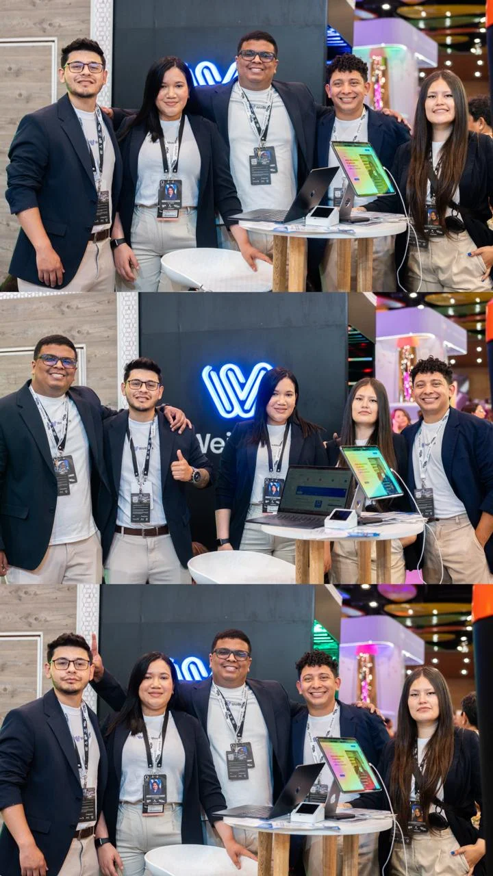 Equipo de Weibook en feria profesional junto al stand de la marca, apoyando a salones de belleza