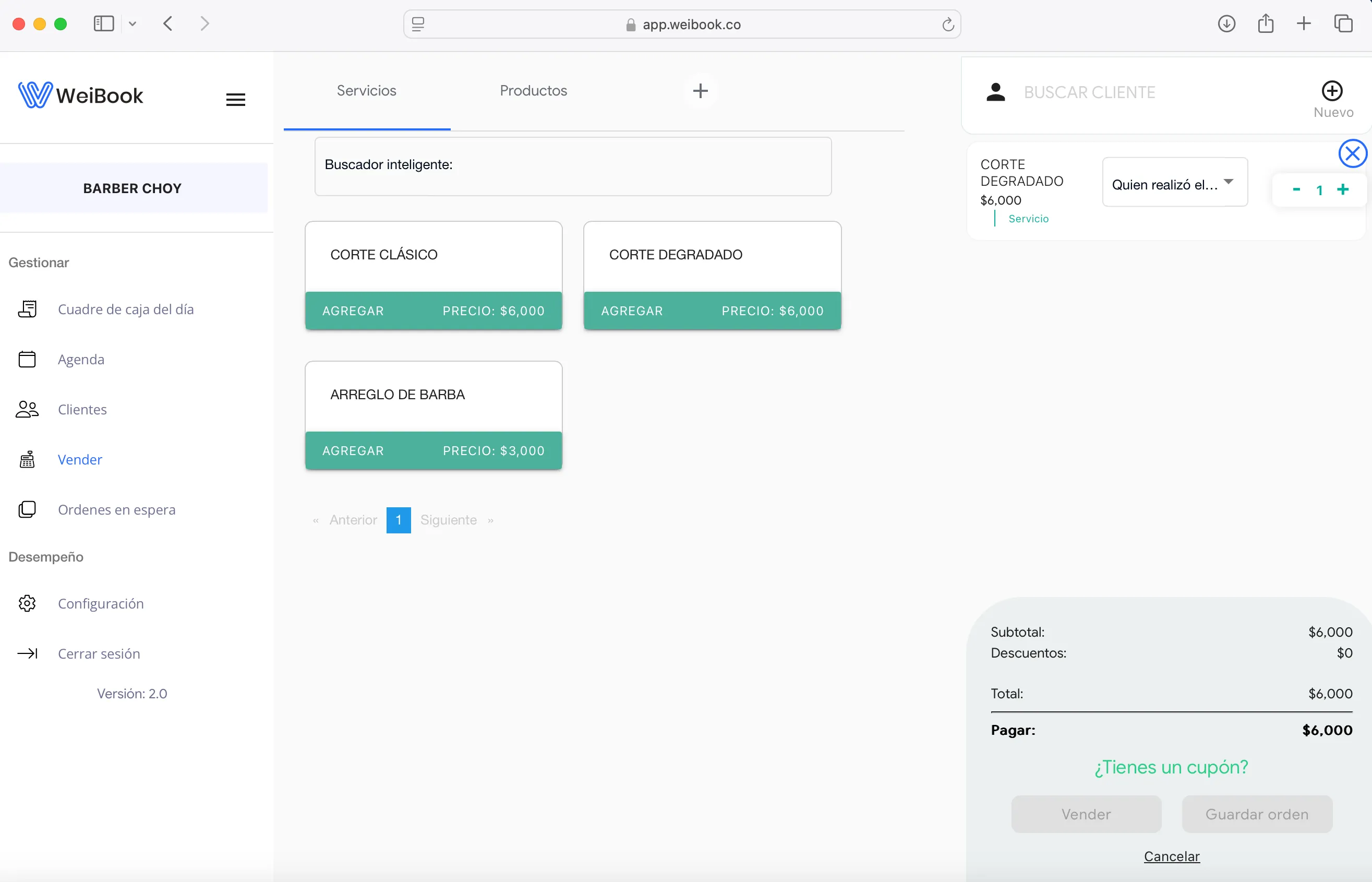 Interfaz de punto de venta de Weibook con servicios, precios y función de cobro rápido