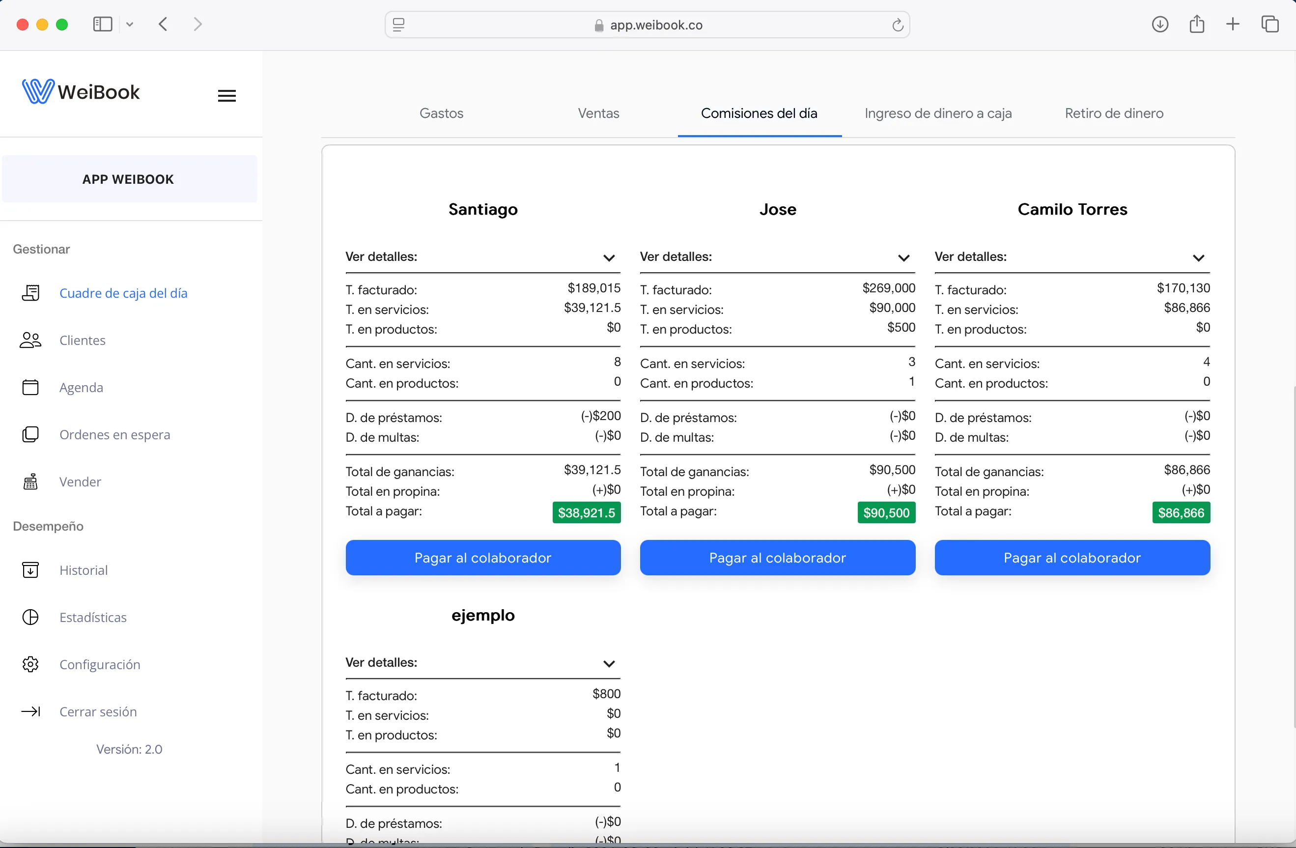 Panel de Weibook para calcular comisiones diarias por colaborador en salones de uñas