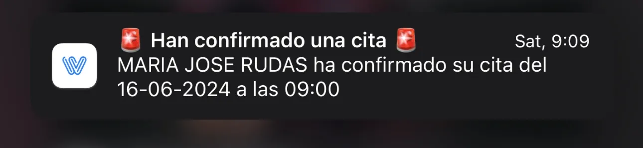 Notificación de confirmación de cita enviada automáticamente por Weibook