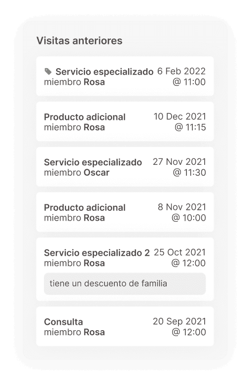 Historial de visitas anteriores de clientes registrado en la app de Weibook