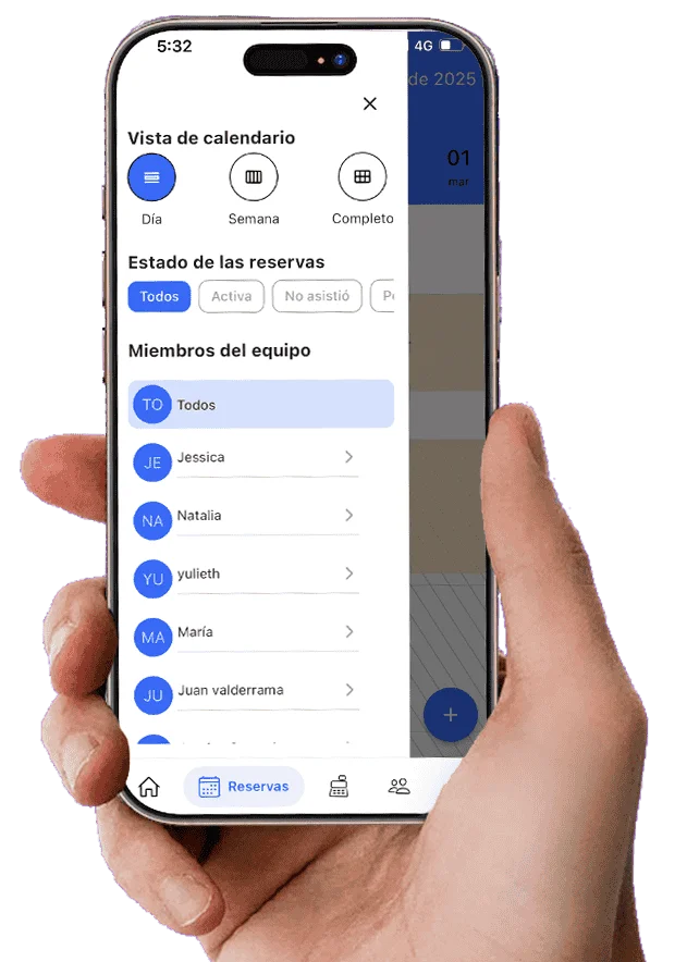 Mobile view of Weibook booking calendar with filters by status, day and professional