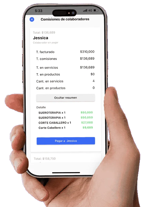 Pantalla móvil con detalle de comisiones pendientes por pagar a un colaborador en Weibook