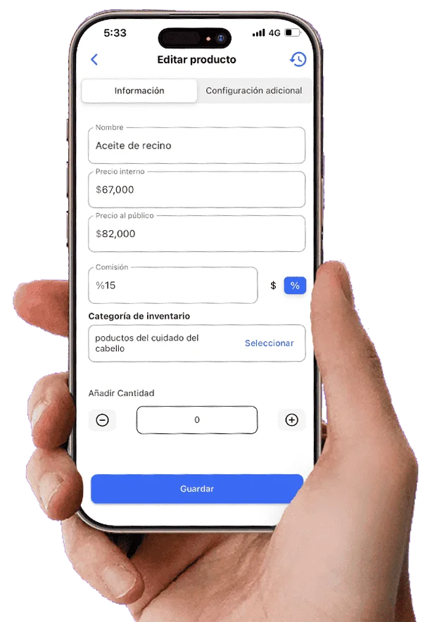 Pantalla móvil de Weibook para editar un producto del inventario, incluyendo precios, comisión y stock
