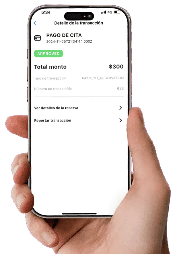 Teléfono móvil mostrando el detalle de una transacción aprobada de pago de cita en la wallet de Weibook