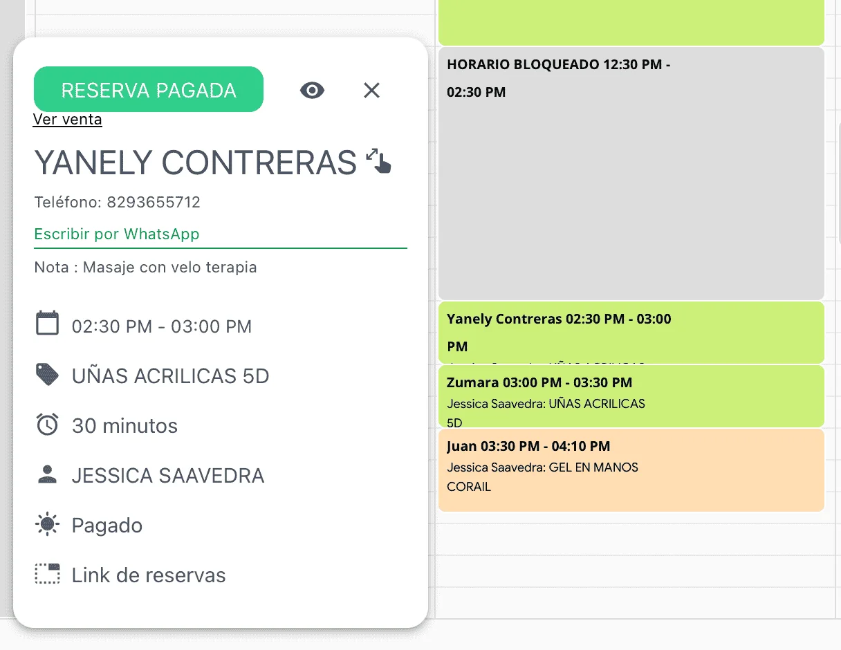 Detailed view of a confirmed and paid booking in Weibook digital calendar, showing client information, service, assigned professional and duration