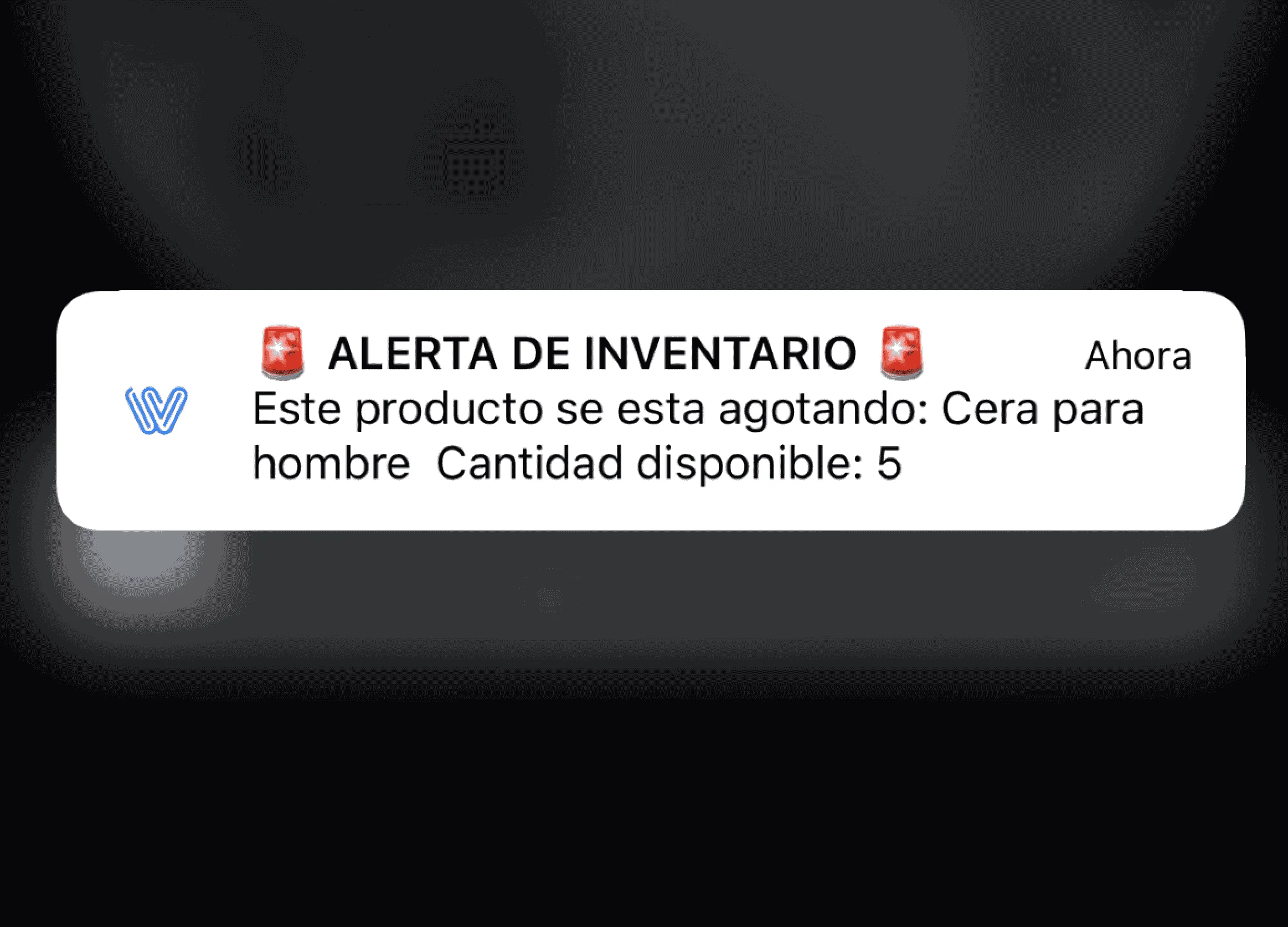 Notificación de alerta de inventario en Weibook indicando que un producto se está agotando