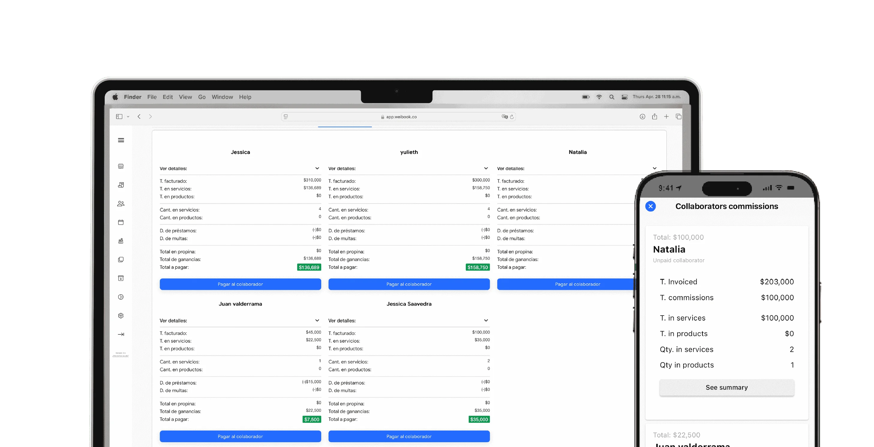 Cálculo automatizado de comisiones para colaboradores desde el panel de Weibook en ordenador y móvil