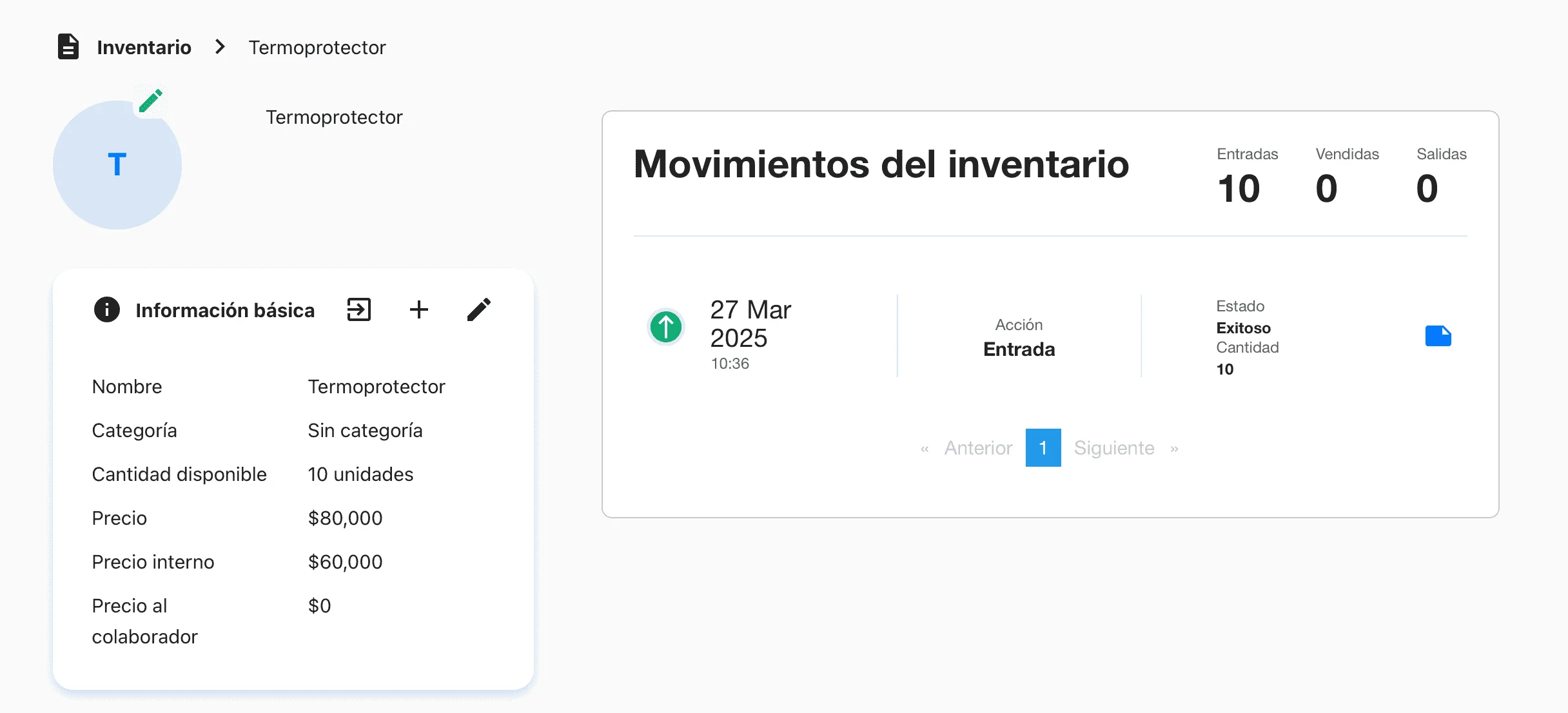 Vista de movimientos del inventario en Weibook, con registros de entradas, fechas, acciones y cantidades