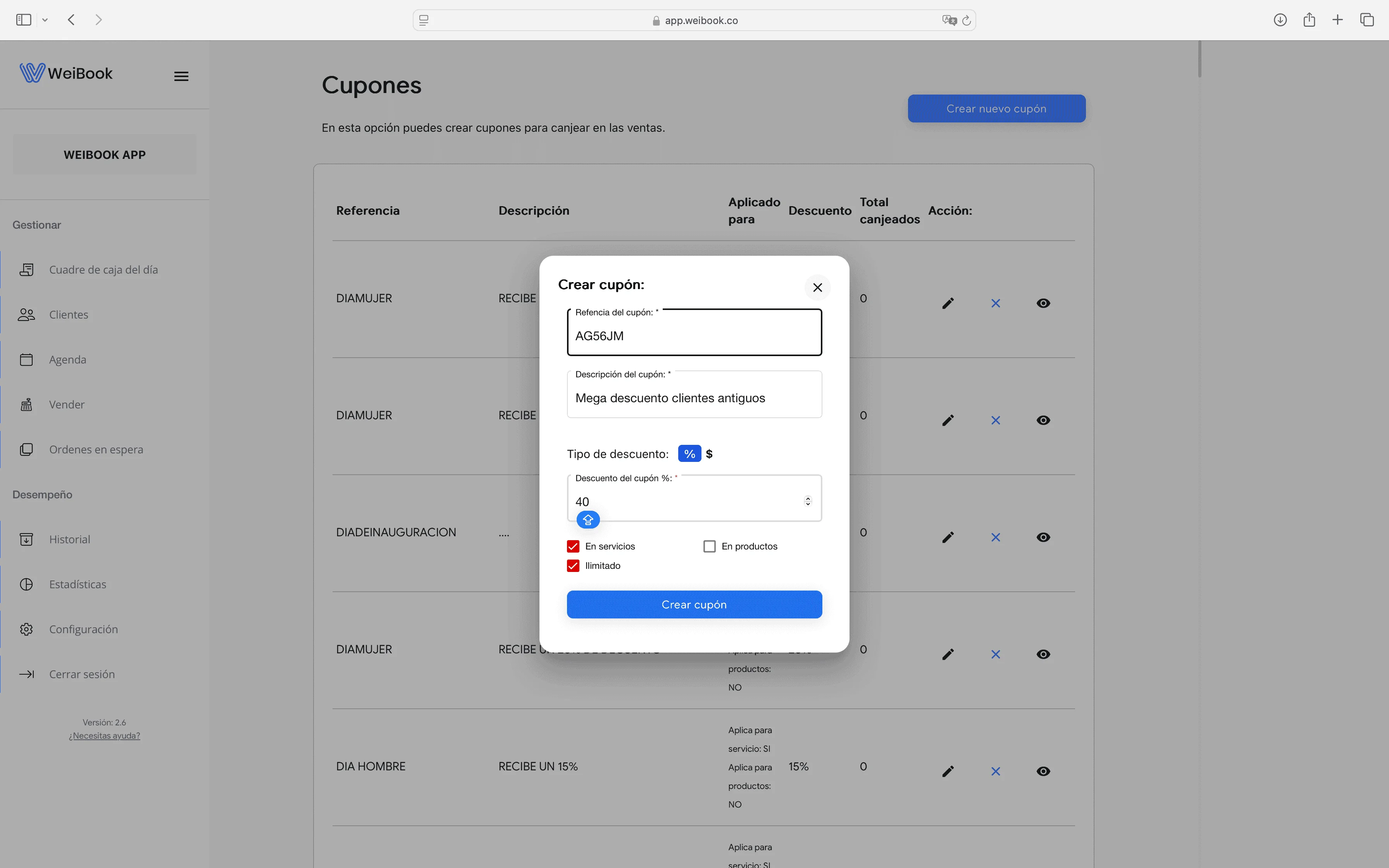 Pantalla de creación de cupones de descuento en Weibook, con formulario para definir referencia, descripción y tipo de promoción