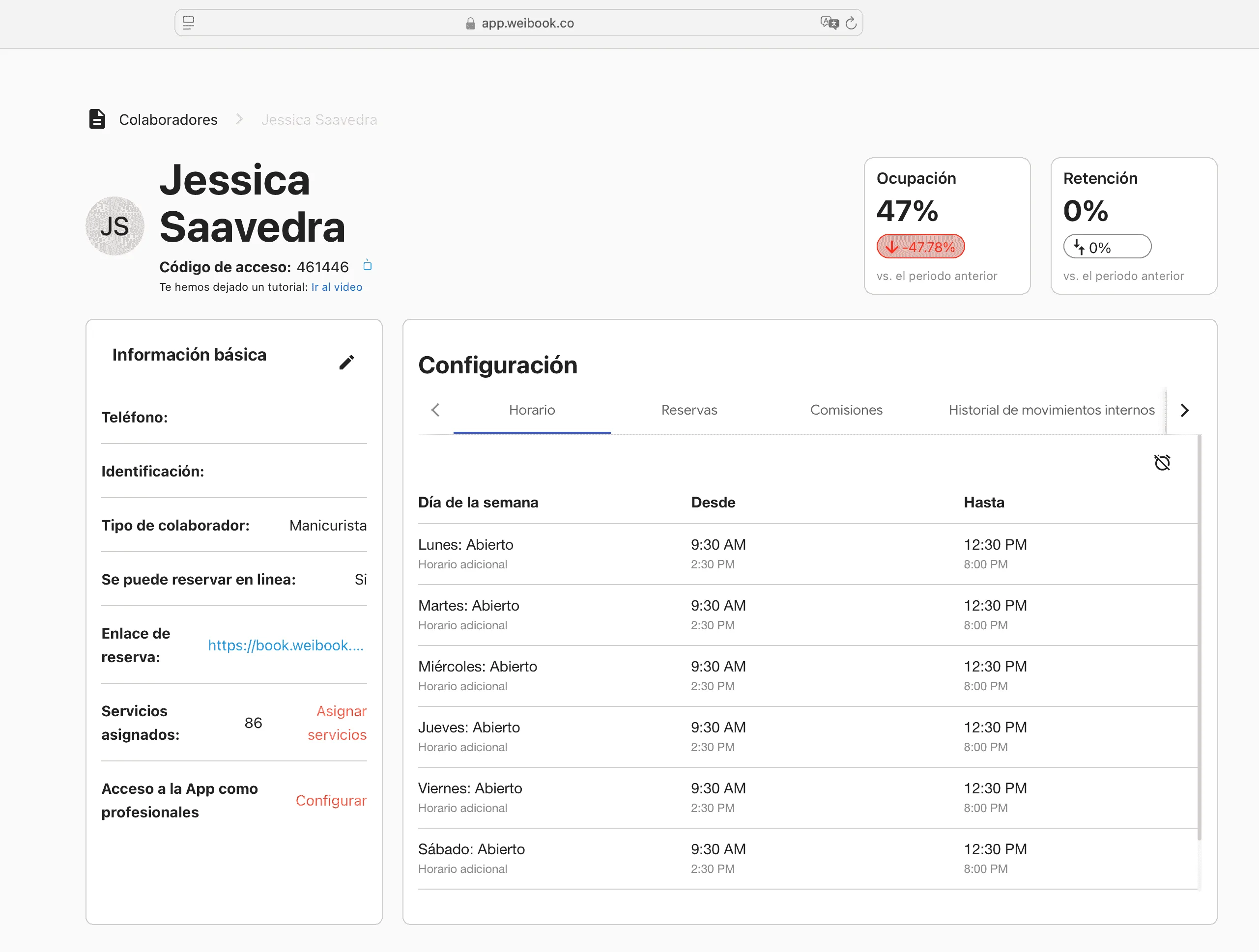 Collaborator profile configuration view in Weibook, showing personal information, collaborator type, work schedules and occupancy and retention metrics