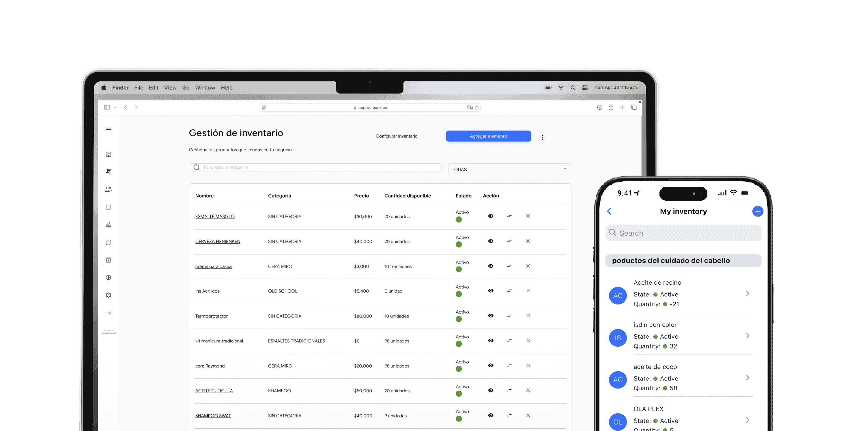 Gestión de inventario en Weibook mostrando productos y stock disponibles desde ordenador y móvil