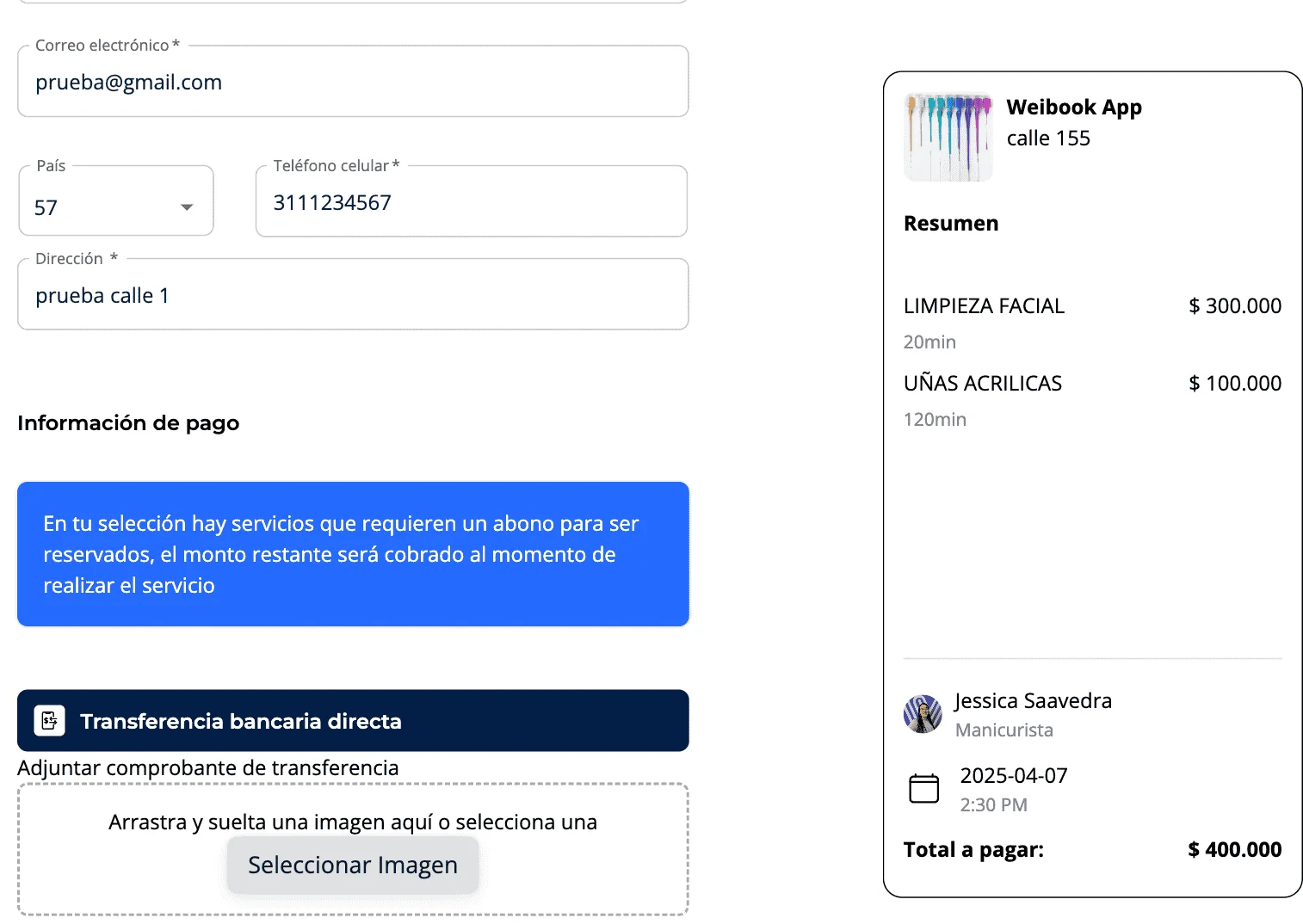 Pantalla de pago de cita en Weibook con formulario, resumen de servicios, y opción de transferencia bancaria directa