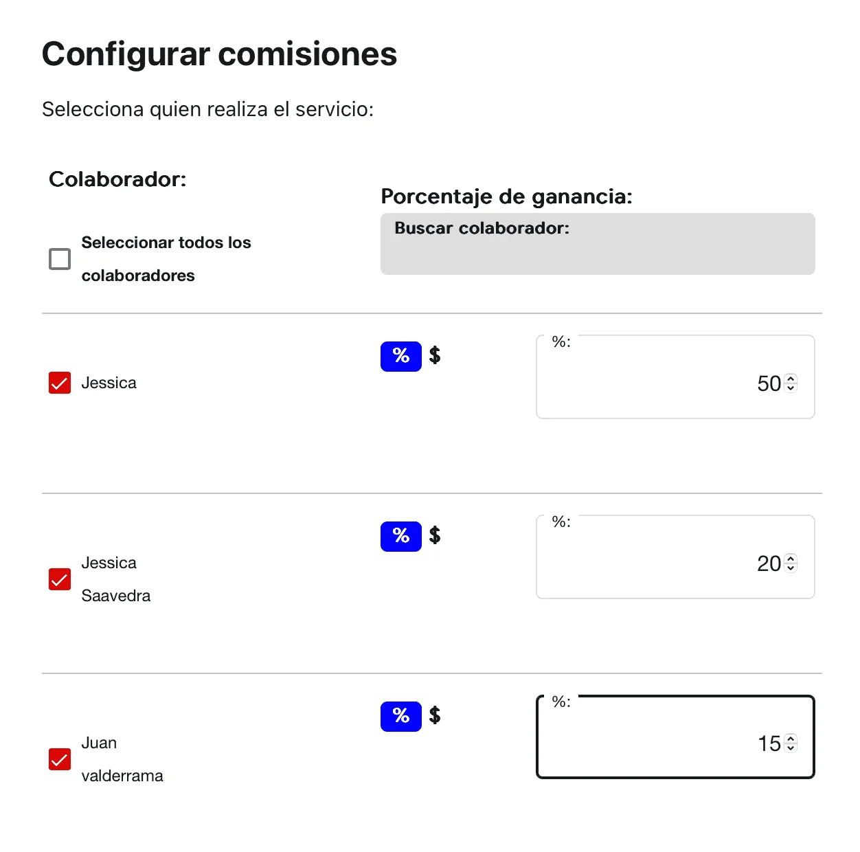 Configuración del porcentaje de comisión personalizado por colaborador en Weibook