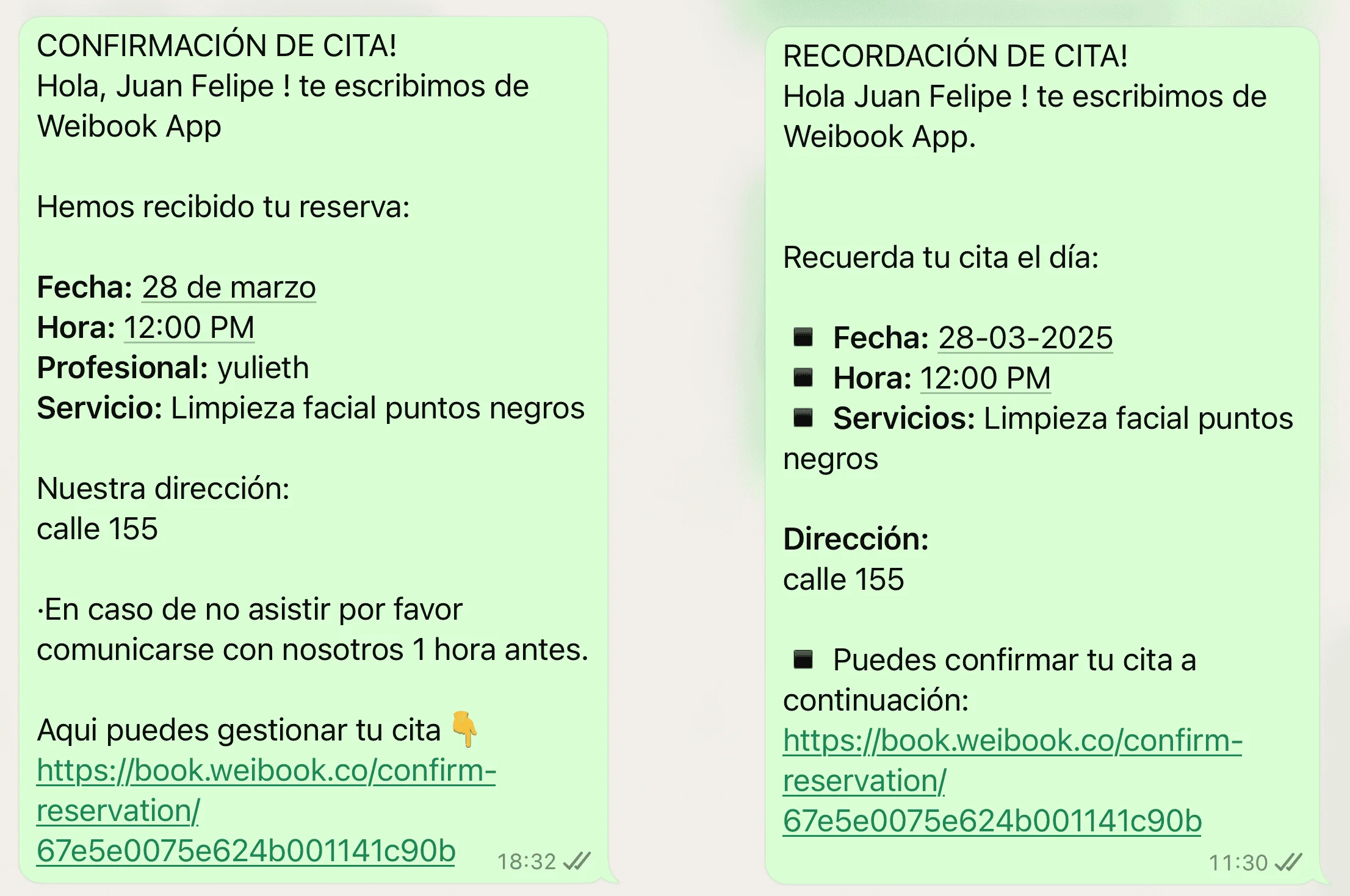 Automatic appointment confirmation message sent from Weibook app