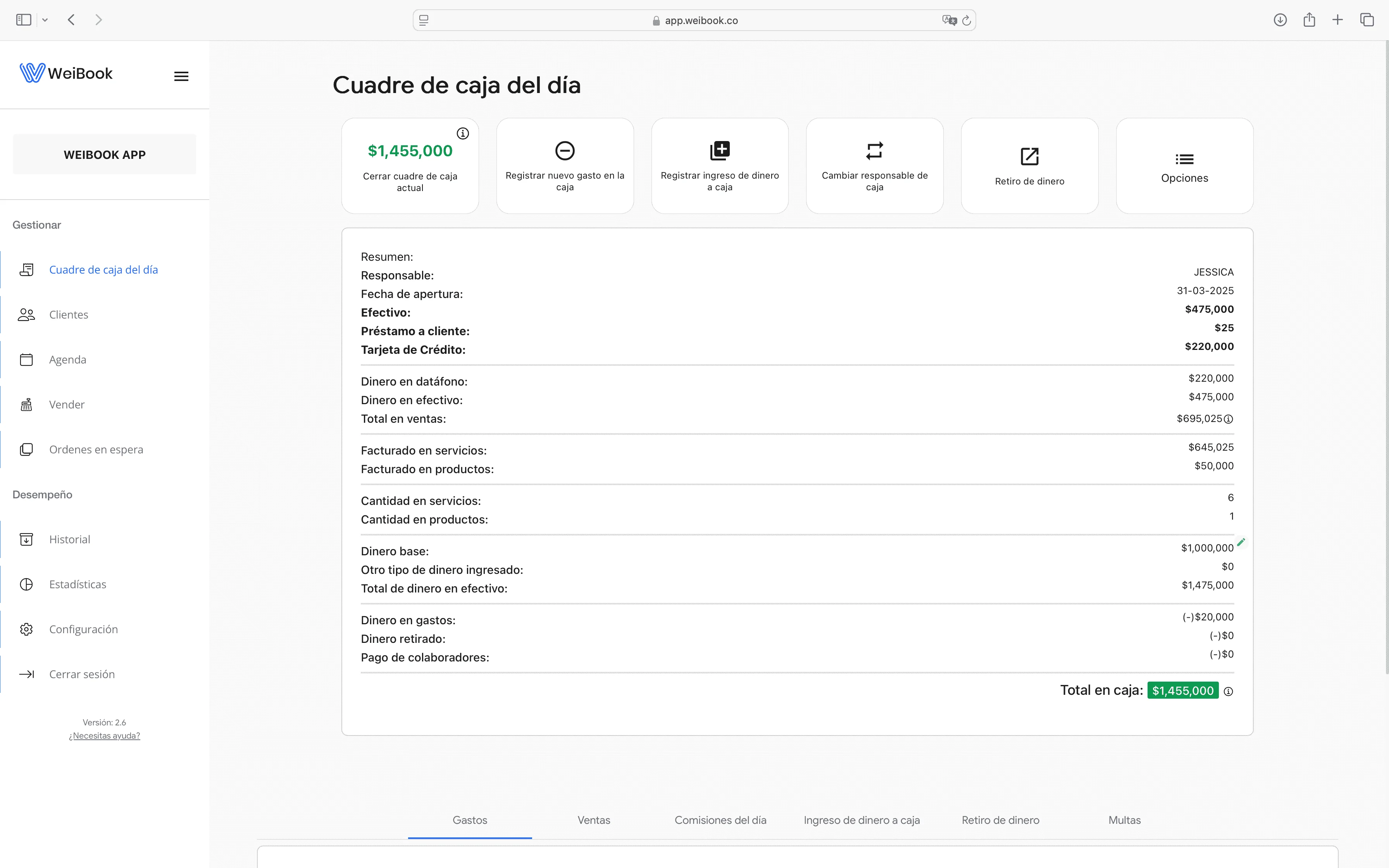 Cuadre de caja diario con desglose detallado de ingresos y egresos en Weibook