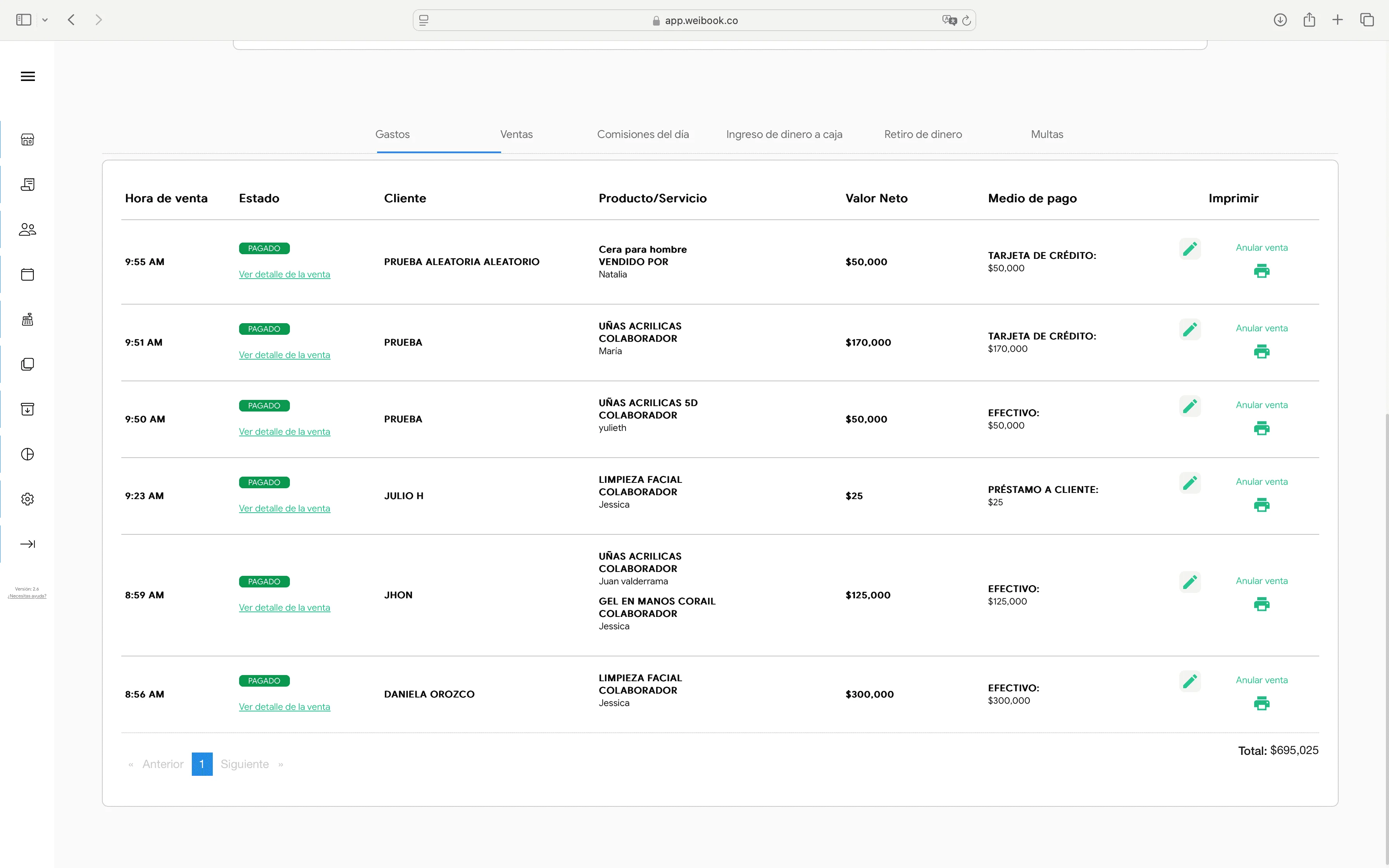 Panel de ventas con historial detallado de transacciones, métodos de pago y opciones para anular o imprimir comprobantes