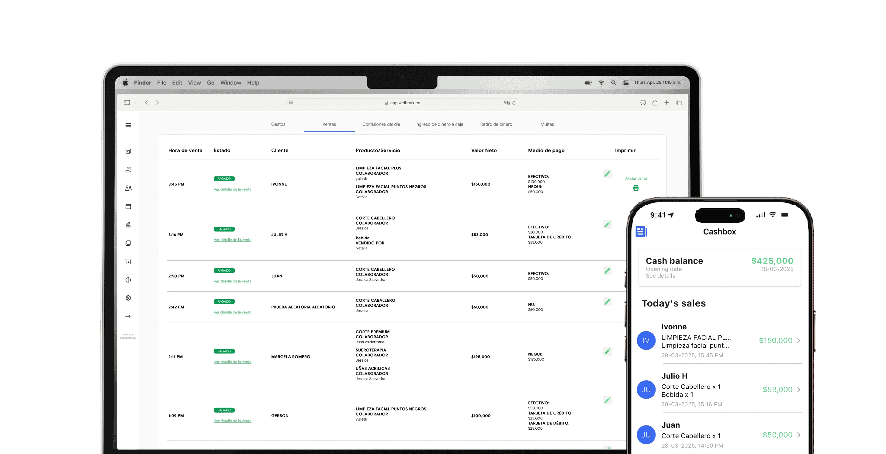 Vista del sistema de caja y control de ventas en tiempo real de Weibook desde ordenador y móvil