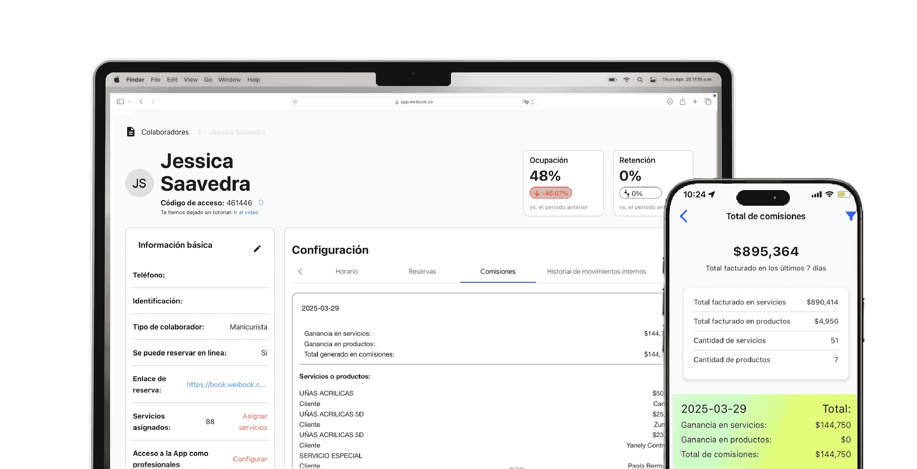Vista combinada en ordenador y móvil del historial de comisiones por colaborador en Weibook