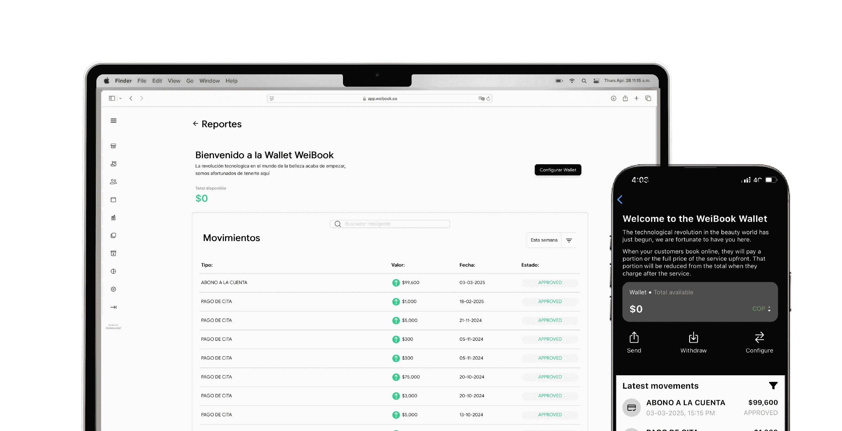 Wallet digital de Weibook accesible desde ordenador y móvil para pagos y cobros en salones de belleza