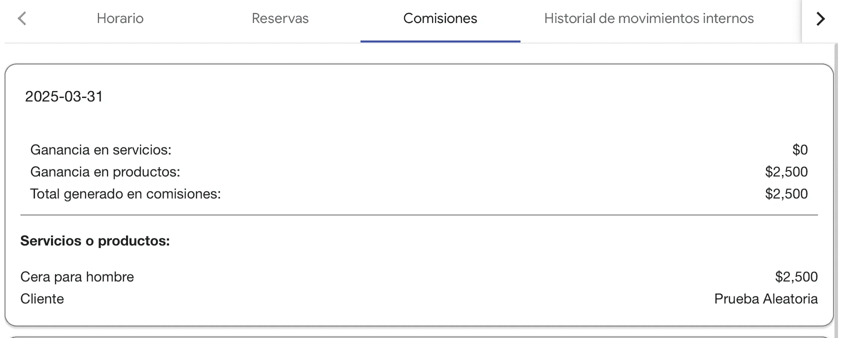 Vista detallada de comisiones generadas por servicios y productos en la plataforma Weibook
