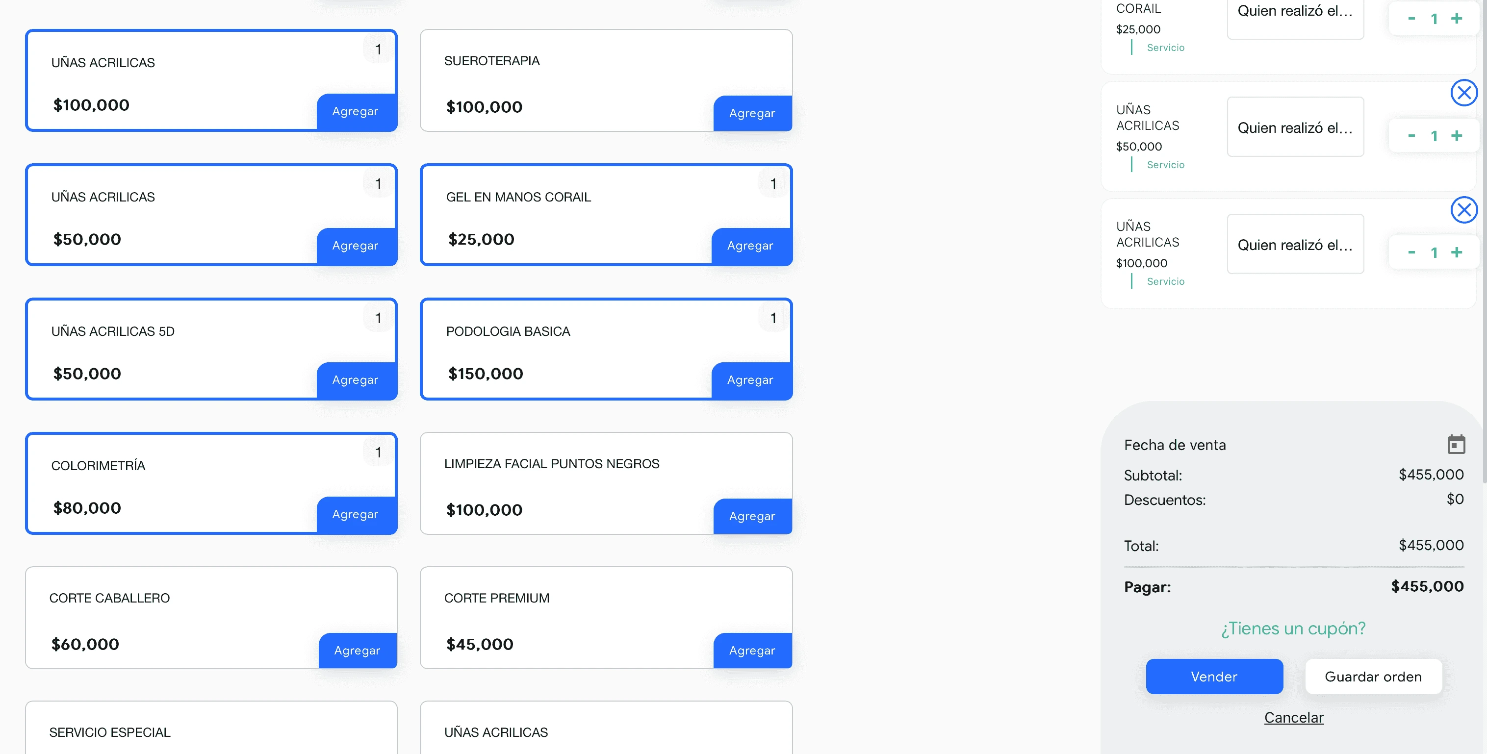 Interfaz de caja para agregar servicios y aplicar cobros desde Weibook