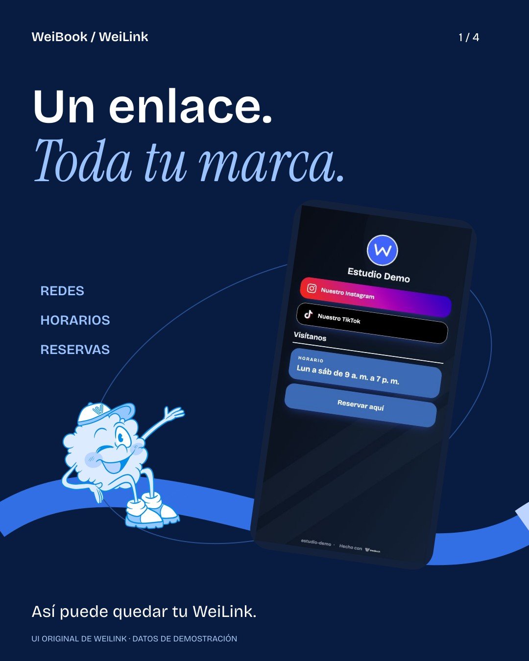 Ejemplo visual de WeiLink con reservas, horarios y redes de Estudio Demo