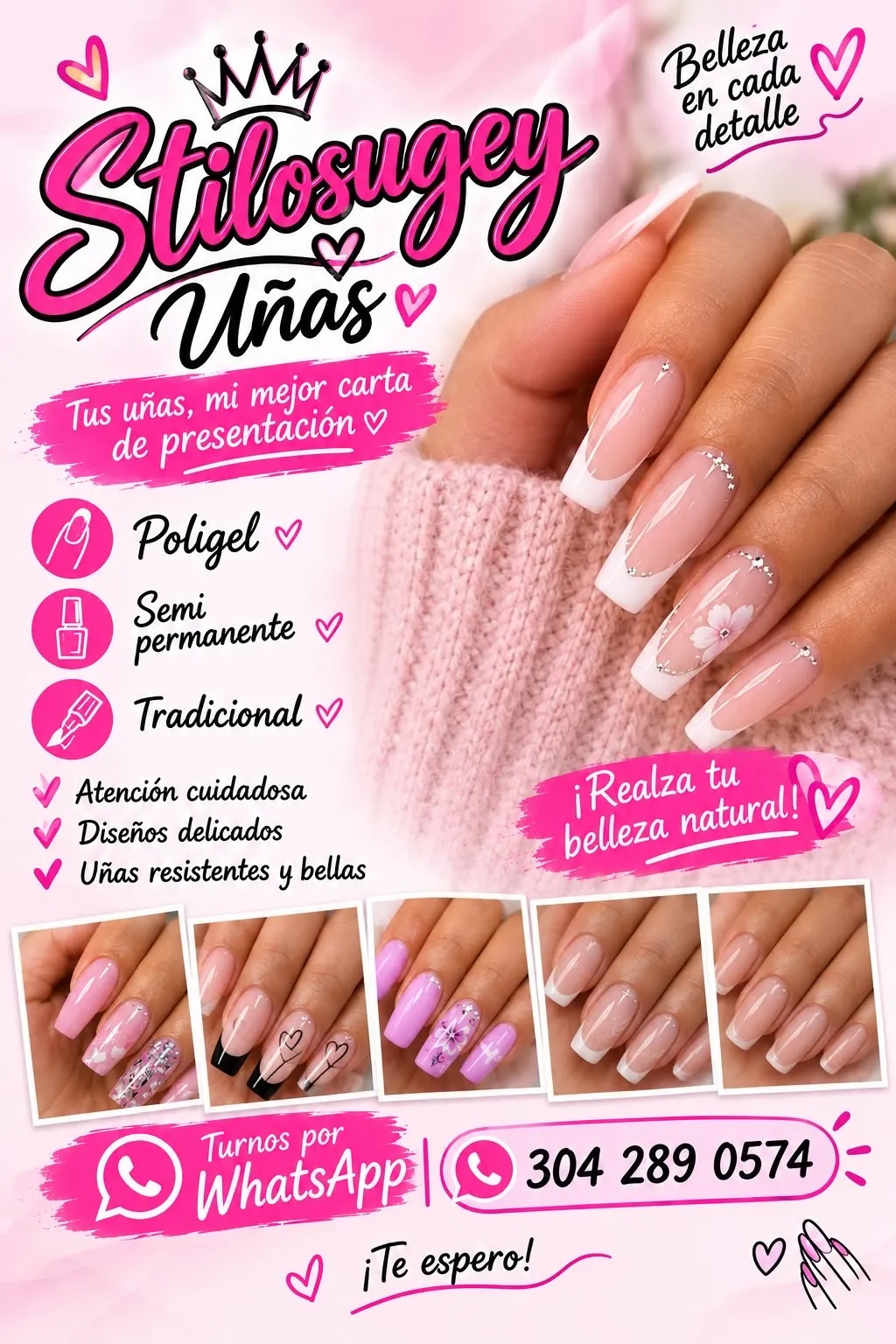 planchados, blower, mechas, uñas tradicionales, polygel, Diping, prees-on
